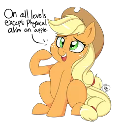Size: 1200x1200 | Tagged: safe, artist:notenoughapples, derpibooru import, applejack, pony, apple, applejack's hat, cowboy hat, cute, dialogue, female, freckles, hat, jackabetes, mare, on all levels except physical, open mouth, otherkin, raised hoof, simple background, sitting, smiling, solo, that pony sure does love apples, transparent background