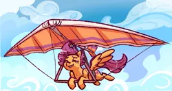 Size: 967x515 | Tagged: artist:fastserve, crying, cutie mark, derpibooru import, eyes closed, hang glider, hang gliding, safe, scootaloo, scootaloo can fly, solo, the cmc's cutie marks