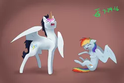 Size: 1024x683 | Tagged: safe, artist:joan-grace, derpibooru import, rainbow dash, soarin', pegasus, pony, backwards cutie mark, dropped ice cream, fake horn, female, food, ice cream, ice cream cone, ice cream horn, implied twilight sparkle, male, mocking, old cutie mark, shipping, soarindash, straight