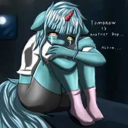 Size: 3000x3000 | Tagged: anthro, artist:sixpathsoffriendship, bed, clothes, crying, derpibooru import, five nights at freddy's 4, lonely, moon, oc, oc:safesleep, sad, safe, socks, solo, text, unofficial characters only