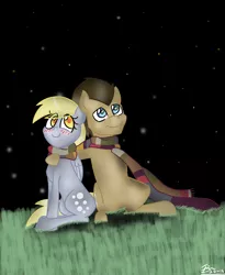 Size: 1600x1950 | Tagged: safe, artist:steampunksalutation, derpibooru import, derpy hooves, doctor whooves, time turner, pegasus, pony, blushing, clothes, cute, doctorderpy, female, fourth doctor's scarf, male, mare, night, scarf, shared clothing, shared scarf, shipping, stars, straight