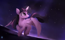 Size: 2600x1600 | Tagged: safe, artist:noctilucent-arts, derpibooru import, twilight sparkle, twilight sparkle (alicorn), alicorn, pony, flying, solo, stars