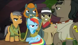 Size: 1833x1080 | Tagged: safe, derpibooru import, screencap, biff, doctor caballeron, quibble pants, rainbow dash, rogue (character), pony, stranger than fan fiction, discovery family logo, henchmen, rainbond dash, the shadow, tied up