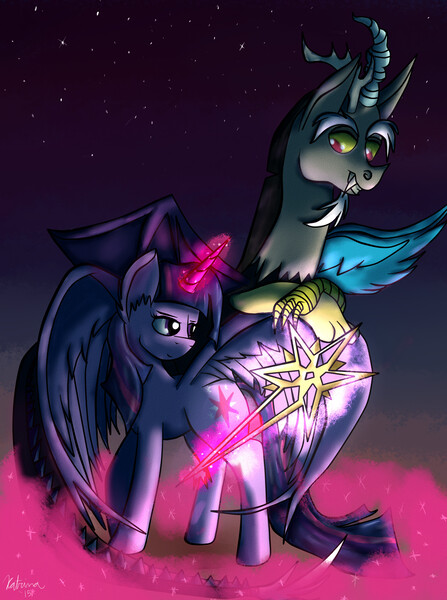 Size: 2560x3440 | Tagged: safe, artist:katrina-mae, derpibooru import, discord, twilight sparkle, twilight sparkle (alicorn), alicorn, pony, key of magic, magic, telekinesis