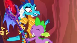 Size: 1280x720 | Tagged: bloodstone scepter, derpibooru import, dragon, dragon armor, dragon lord ember, eyes closed, gauntlet of fire, hug, it's called a hug, princess ember, safe, screencap, spike