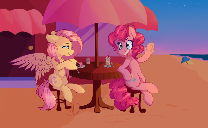 Size: 4000x2461 | Tagged: artist:mdragonflame, beach, cake, derpibooru import, dessert, duo, floppy ears, fluttershy, food, ice cream, pinkie pie, safe, sitting, table, twilight (astronomy), underhoof