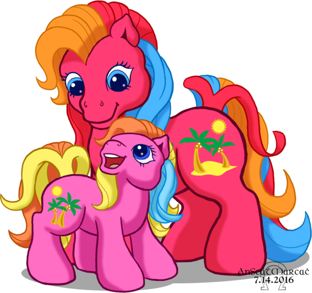 Size: 1099x1031 | Tagged: artist:anscathmarcach, baby hula lula, derpibooru import, family, g1, g1 to g3, g3, generation leap, hula hula (g1 uk), piña colada (g1), safe, tropical ponies