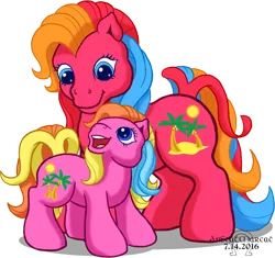 Size: 1099x1031 | Tagged: artist:anscathmarcach, baby hula lula, derpibooru import, family, g1, g1 to g3, g3, generation leap, hula hula (g1 uk), piña colada (g1), safe, tropical ponies