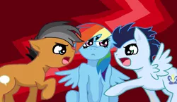 Size: 822x476 | Tagged: safe, artist:golden-harmony, derpibooru import, quibble pants, rainbow dash, soarin', pony, female, fight, love triangle, male, quibbledash, rainbow dash gets all the stallions, shipping, shipping war, soarindash, straight