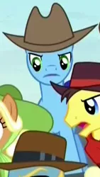 Size: 208x370 | Tagged: safe, derpibooru import, screencap, bandana baldwin, high stakes, unnamed character, unnamed pony, earth pony, pony, appleoosa's most wanted, angry, appleloosa resident, background pony, cowboy hat, cropped, hat, male, not noteworthy, stallion