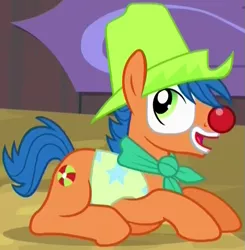 Size: 575x586 | Tagged: safe, derpibooru import, screencap, unnamed character, unnamed pony, earth pony, pony, appleoosa's most wanted, appleloosa resident, background pony, clothes, clown, clown nose, cowboy hat, cropped, hat, makeup, male, prone, rodeo clown, solo, stallion