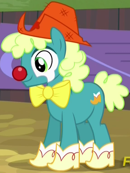 Size: 570x755 | Tagged: safe, derpibooru import, screencap, unnamed character, unnamed pony, earth pony, pony, appleoosa's most wanted, appleloosa resident, background pony, boots, bowtie, clothes, clown, clown nose, cropped, hat, rodeo clown, shoes