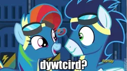 Size: 501x280 | Tagged: suggestive, derpibooru import, edit, edited screencap, screencap, rainbow dash, soarin', pony, newbie dash, caption, clothes, image macro, impact font, iwtcird, meme, rainbow fash, text, uniform, wonderbolts uniform