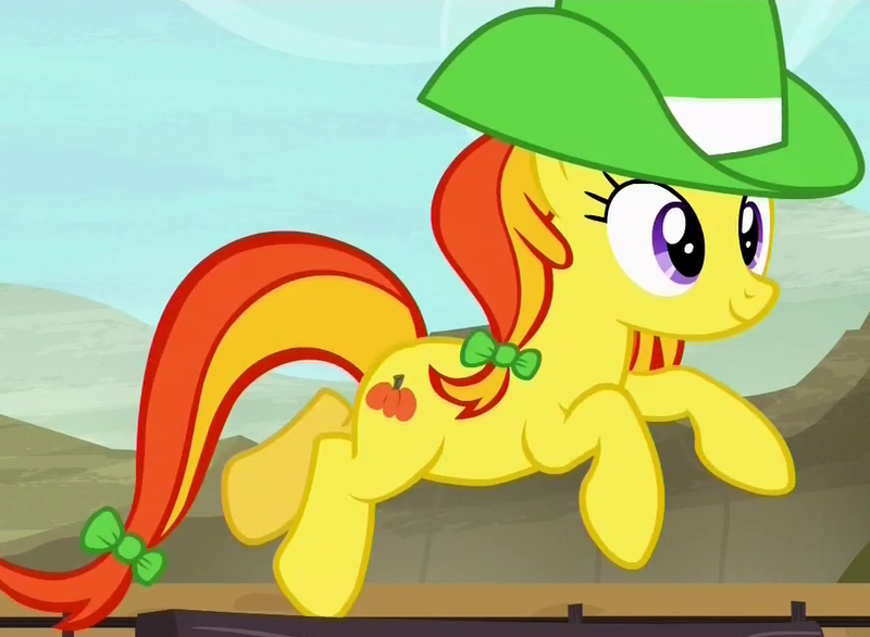 Size: 966x707 | Tagged: safe, derpibooru import, screencap, unnamed character, unnamed pony, earth pony, pony, appleoosa's most wanted, background pony, bow, cowboy hat, cropped, female, hair bow, hat, leaping, mare, solo, tail bow