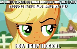 Size: 536x343 | Tagged: apple, applejack, caption, derpibooru import, edit, edited screencap, exospeak gag, fascinating, food, illogical, image macro, meme, parody, safe, scientific name, screencap, spock, star trek, text, that equine does indeed enjoy the fruit of trees of the malus genus, that pony sure does love apples, three's a crowd, unconvinced applejack