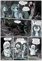 Size: 1331x1920 | Tagged: semi-grimdark, artist:pencils, derpibooru import, cloudy quartz, marble pie, oc, oc:hurgus, bushwoolie, centipede, earth pony, giant centipede, giant spider, pony, spider, comic:anon's pie adventure, blood, cave, comic, dock, don't mess with mama, female, floppy ears, frown, g1, loose hair, mare, monster, shocked, tunnel