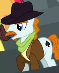 Size: 267x332 | Tagged: safe, derpibooru import, screencap, pokerhooves, earth pony, pony, appleoosa's most wanted, appleloosa resident, background pony, clothes, cowboy hat, cropped, facial hair, hat, jacket, male, moustache, raised hoof, solo focus, stallion