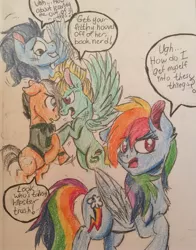 Size: 2267x2886 | Tagged: safe, artist:snowfoxythefox, derpibooru import, quibble pants, rainbow dash, soarin', zephyr breeze, pony, stranger than fan fiction, angry, annoyed, colored pencil drawing, colored sketch, eyeroll, female, fight, male, quibbledash, rainbow dash gets all the stallions, shipping, shipping fuel, shipping war, soarindash, speech bubble, straight, traditional art, zephdash