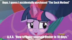 Size: 1600x900 | Tagged: suggestive, derpibooru import, edit, edited screencap, screencap, twilight sparkle, twilight sparkle (alicorn), alicorn, pony, a hearth's warming tail, blushing, caption, discovery family logo, exploitable meme, floppy ears, image macro, levitation, lewd, magic, meme, open mouth, smiling, solo, telekinesis, text