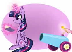 Size: 1091x800 | Tagged: safe, artist:xxmissteaxx, derpibooru import, pinkie pie, twilight sparkle, twilight sparkle (alicorn), alicorn, pony, magic, party cannon, reading