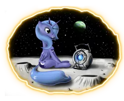 Size: 1222x1000 | Tagged: safe, artist:hereticofdune, derpibooru import, princess luna, alicorn, pony, crossover, female, mare, moon, personality core, portal, portal (valve), s1 luna, space, wheatley