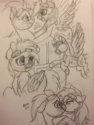 Size: 2257x2980 | Tagged: safe, artist:snowfoxythefox, derpibooru import, rainbow dash, soarin', pegasus, pony, newbie dash, clothes, cute, female, goggles, kissing, male, mare, marker drawing, monochrome, pencil, pencil drawing, shipping, sketch, sketch dump, smiling, soarindash, stallion, straight, traditional art, uniform, wip, wonderbolts, wonderbolts uniform