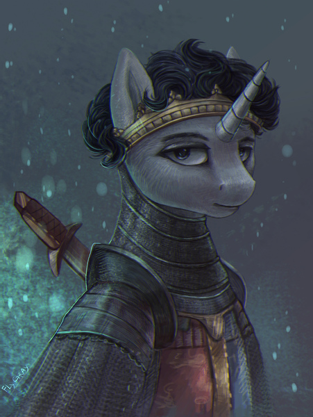Size: 2199x2924 | Tagged: safe, artist:fly-gray, derpibooru import, ponified, pony, unicorn, armor, bust, crown, edward woodstock, england, history, hundred years' war, jewelry, medieval, portrait, regalia, solo, sword, the black prince, war, weapon