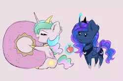Size: 1280x845 | Tagged: safe, artist:magnaluna, derpibooru import, princess celestia, princess luna, pony, :<, apple, blushing, chibi, colored wings, colored wingtips, cute, donut, donutlestia, eyes closed, fluffy, food, frown, hug, levitation, magic, open mouth, pointy ponies, simple background, sitting, smiling, telekinesis, white background, wings
