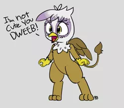 Size: 2740x2398 | Tagged: safe, artist:pabbley, derpibooru import, gilda, gryphon, bipedal, blatant lies, chickub, cute, dialogue, dweeb, female, gildadorable, gray background, i'm not cute, image, li'l gilda, lies, open mouth, png, simple background, solo, wide eyes, younger