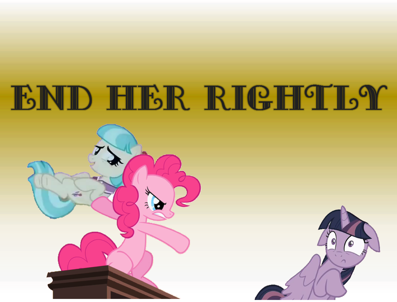 Size: 1164x885 | Tagged: safe, derpibooru import, coco pommel, pinkie pie, twilight sparkle, twilight sparkle (alicorn), alicorn, pony, end him rightly, meme, name pun, pun, simple background, skallagrim (youtube), throwing, visual pun