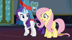 Size: 480x270 | Tagged: safe, derpibooru import, screencap, fluttershy, rarity, pony, a hearth's warming tail, animated, discovery family logo, gif, holly, mistleholly, non-looping gif
