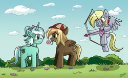 Size: 720x444 | Tagged: safe, artist:xkappax, derpibooru import, big shot, derpy hooves, lyra heartstrings, pegasus, pony, arrow, bow (weapon), bow and arrow, crack shipping, cupid, female, lyrashot, male, mare, paparazzi, shipping, straight, weapon