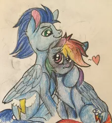 Size: 2448x2694 | Tagged: safe, artist:snowfoxythefox, derpibooru import, rainbow dash, soarin', pony, blushing, colored, colored pencil drawing, colored sketch, female, heart, hug, male, old cutie mark, pencil, pencil drawing, shipping, soarindash, straight, traditional art
