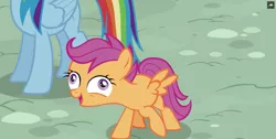 Size: 1383x697 | Tagged: safe, derpibooru import, screencap, rainbow dash, scootaloo, pony, newbie dash, derp, exploitable meme, faic, i didn't listen, image macro, meme, scootaderp, solo focus, wat