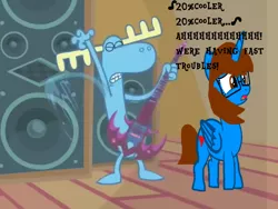 Size: 800x600 | Tagged: safe, derpibooru import, oc, oc:sandra garcia, unofficial characters only, alicorn, pony, alicorn oc, fast, guitar, happy tree friends, horn, in a jam (happy tree friends episode), lumpy, musical instrument, sandpy, tongue twister, torture, wat, wings, worried