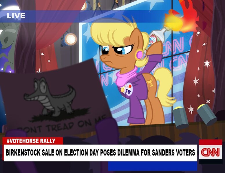 Size: 900x695 | Tagged: artist:pixelkitties, bagpipes o'toole, bernie sanders, cable news network, cnn, derpibooru import, gummy, molotov cocktail, ms. harshwhinny, ms. harshwhinny's election campaign, politics, protesters, safe, unamused, votehorse