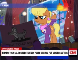 Size: 900x695 | Tagged: artist:pixelkitties, bagpipes o'toole, bernie sanders, cable news network, cnn, derpibooru import, gummy, molotov cocktail, ms. harshwhinny, ms. harshwhinny's election campaign, politics, protesters, safe, unamused, votehorse