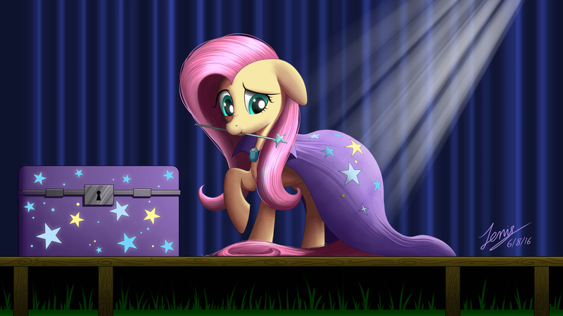 Size: 10000x5627 | Tagged: safe, artist:duskie-06, derpibooru import, fluttershy, pony, absurd resolution, cape, clothes, cute, magic wand, mouth hold, shyabetes, solo, stage, trixie's cape