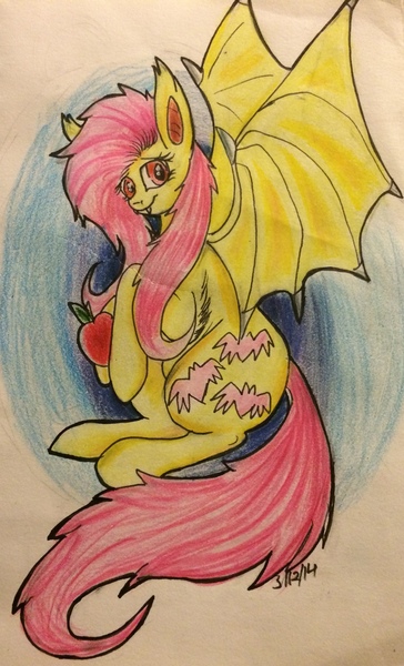 Size: 1905x3140 | Tagged: safe, artist:snowfoxythefox, derpibooru import, fluttershy, bat pony, pony, bats!, apple, bat ponified, chest fluff, colored, colored pencil drawing, colored sketch, ear fluff, fangs, flutterbat, food, pencil, pencil drawing, race swap, solo, traditional art