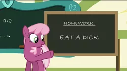 Size: 1280x720 | Tagged: caption, cheerilee, cheerilee's blackboard, derpibooru import, eat a dick, exploitable meme, image macro, meme, suggestive, text, vulgar