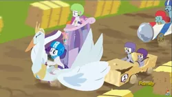 Size: 1281x720 | Tagged: safe, derpibooru import, screencap, crackle pop, derpy hooves, rarity, snips, snips' dad, sweetie belle, pegasus, pony, unicorn, the cart before the ponies, cheating, colt, female, male, mare