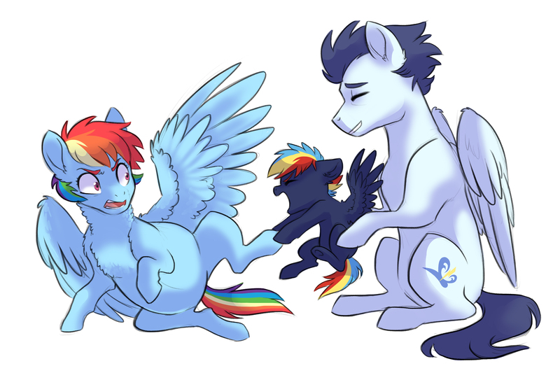 Size: 3000x2000 | Tagged: safe, artist:kianamai, derpibooru import, rainbow dash, soarin', oc, oc:prism bolt, pony, kilalaverse, belly, chest fluff, colt, family, female, foal, male, mare, misunderstanding, next generation, offspring, parent:rainbow dash, parent:soarin', parents:soarindash, pillow, preggo dash, pregnant, ruffled feathers, sensibly-proportioned pregnancy, shipping, simple background, soarindash, spread wings, stallion, straight, trio, white background, wings