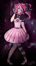 Size: 1000x1800 | Tagged: artist:kikirdcz, clothes, derpibooru import, gloves, gothic pinkie, high heels, human, humanized, pantyhose, pinkie pie, pinkie pie's boutique, safe, shoes, signature, skirt, smiling, solo, stockings, thigh highs