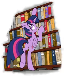 Size: 900x1062 | Tagged: safe, artist:yewdee, derpibooru import, twilight sparkle, twilight sparkle (alicorn), alicorn, pony, bipedal, bipedal leaning, book, bookshelf, butt, leaning, plot, solo