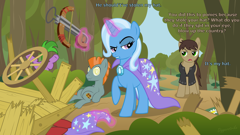 Size: 2880x1620 | Tagged: safe, artist:diggerstrike, derpibooru import, trixie, oc, pony, unicorn, cape, carriage, clothes, crossbow, crushed, discworld, female, hat, mare, the last continent, trixie's cape, trixie's hat, wrecked