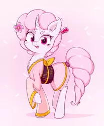 Size: 1536x1858 | Tagged: safe, artist:dsp2003, derpibooru import, oc, oc:sakuragi-san, unofficial characters only, pony, unicorn, clothes, female, flower, flower in hair, flower petals, kimono (clothing), looking at you, open mouth