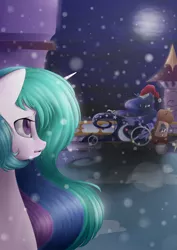 Size: 2893x4092 | Tagged: artist:rouletteobsidian, chariot, christmas, christmas lights, derpibooru import, hat, holiday, luna's chariot, moon, princess celestia, princess luna, sack, safe, santa hat, santa sack, snow, snowfall