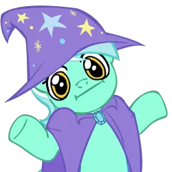 Size: 945x945 | Tagged: accessory swap, accessory theft, cape, clothes, derpibooru import, hat, :i, looking at you, lyra heartstrings, safe, shrug, shrugpony, solo, trixie's cape, trixie's hat