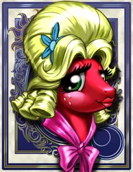 Size: 700x900 | Tagged: safe, artist:harwick, derpibooru import, big macintosh, earth pony, pony, harwick's sun/moon portraits, brotherhooves social, bust, crossdressing, disguise, freckles, male, orchard blossom, portrait, solo, stallion