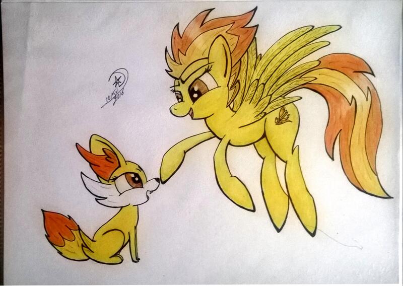 Size: 2065x1467 | Tagged: artist:marewile, crossover, derpibooru import, fennekin, pokémon, safe, spitfire, traditional art